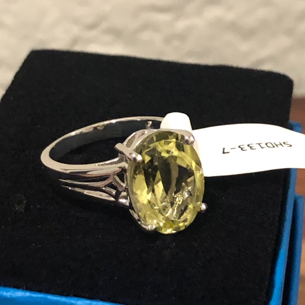 JTV - Green Gold Quartz Rhodium Over Sterling Silver Solitaire Ring